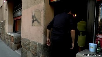 Stunning Euro blonde babe Candy Alexa with huge tits made to flashing in public outdoor then in bar got whipped and fucked