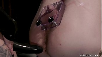 Gagged and tied man slave gets cbt from black hair mistress then she wears him strap on cock and gets anal sex