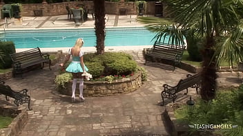 Stunning blonde girl got talked into sucking two big stiff cocks Outdoor before getting her wet pussy fucked in different poses while her kinky friend watches.