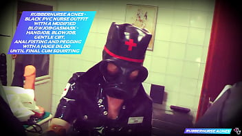 Rubbernurse Agnes - black vinyl nurse's outfit combined with a special blowjob gas mask - cozy CBT, anal fisting, cock jerking and finally ass fucking with a big dildo until the hot cock finally cums.....