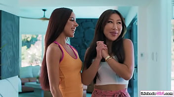 Lesbian babe is excited to see her asian girlfriend for the first time.They start kissing and stripping.Shes fingering her ass then licking her pussy.